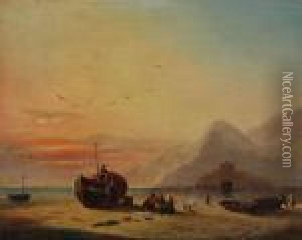 Strandgezicht Bij Ondergaande Zon Met Personages Bij Sloepen Oil Painting - Theodore Gudin