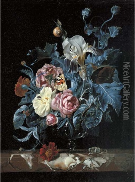 Roses, Irises, Poppies And Other Flowers In A Glass Vase, On A Marble Ledge With A Tortoiseshell Butterfly And Insects Oil Painting - Willem Van Aelst