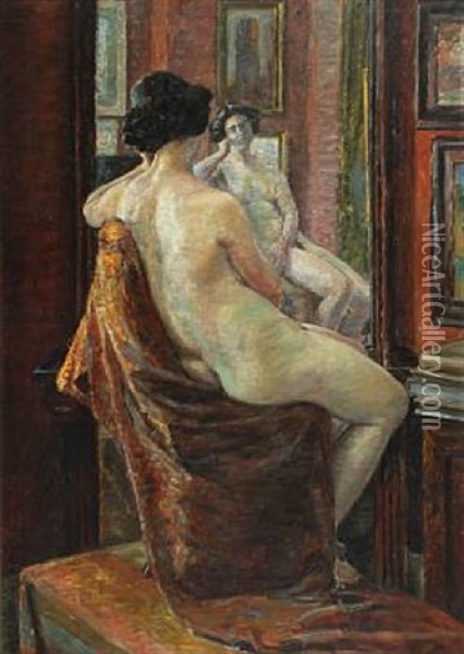 A Female Model Reflecting Herself Oil Painting - Jens Lund