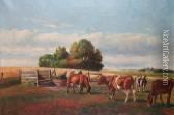 Cattle Grazing By A Corn Field Before Alandscape Oil Painting - Nils Hans Christiansen