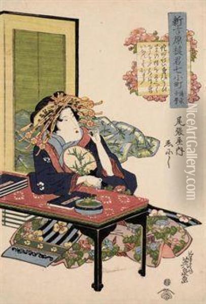 A Lady Seated At A Table Holding A Fan Oil Painting - Keisai Eisen
