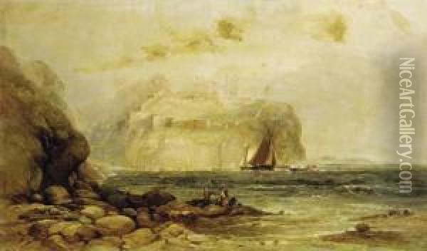 A Coastal View With Figures On The Rocks In The Foreground And Acastle Beyond Oil Painting - Andrew Melrose