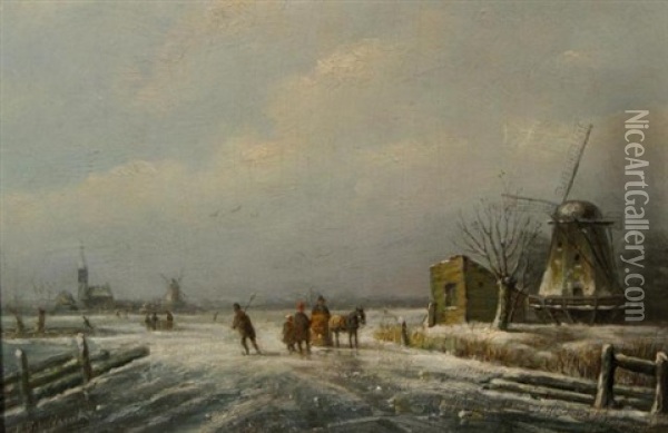 Winterlandschap Met Voorbijgangers Oil Painting - Andreas Schelfhout
