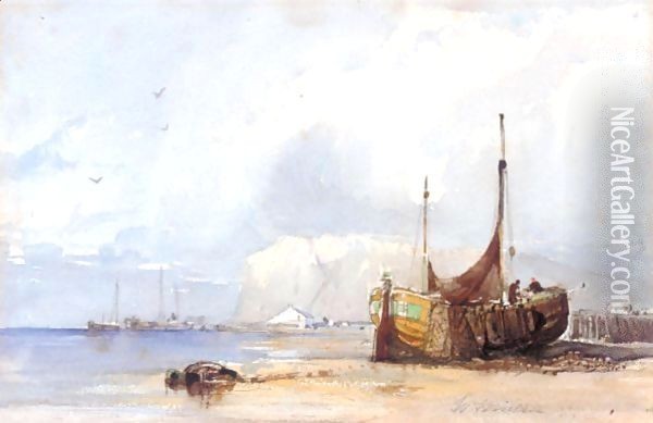 Figures Unloading Fishing Boats On The Shore Oil Painting - William James Muller