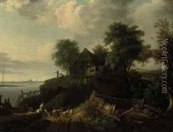A River Landscape With A Herder 
On A Horse And Cattle On A Track,figures By A Cottage Beyond Oil Painting - Meindert Hobbema