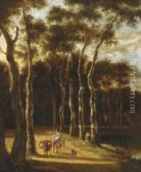 Travellers In A Wooded Landscape Oil Painting - Jan Hackaert