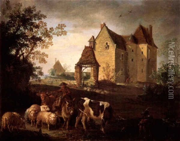 Pastoral Landscape With A Shepherd With Animals And A       Castle Beyond Oil Painting - Jean-Baptiste Oudry