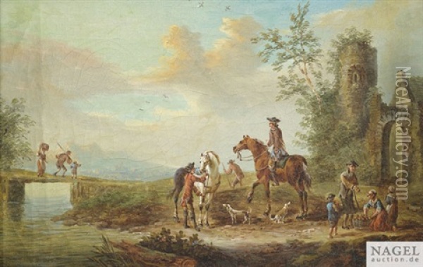 Rastende Jagdreiter An Einer Ruine Oil Painting - Cornelisz van Essen