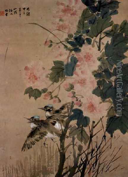 Birds on a flowering bush Oil Painting - Yi (Ren Bonian) Ren
