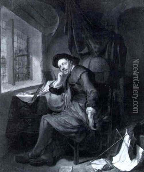 A Scholar Seated At His Writing Desk In An Interior Oil Painting - Hendrik Heerschop