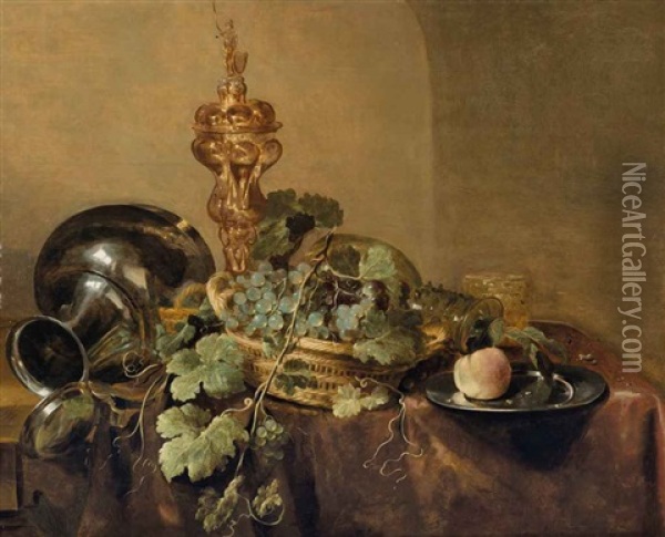 Aiguiere, Plat En Etain Et Panier De Raisins Sur Une Table Drapee Oil Painting - Abraham van Beyeren