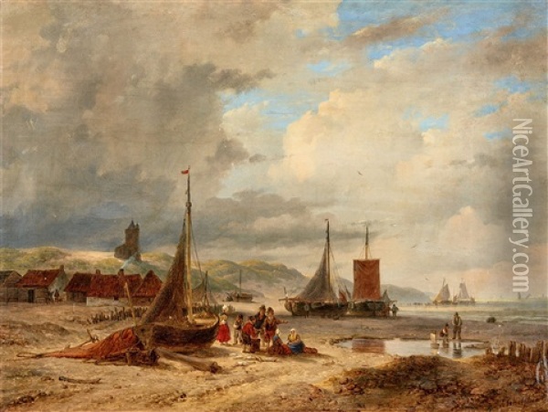 Coastal Scene With Boats And Fishermen's Huts Oil Painting - Andreas Schelfhout