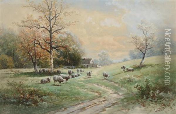 Sheep In Hilly Spring Landscape Oil Painting - Carl Weber