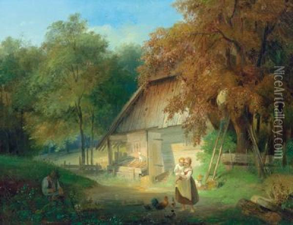 Bauernhofidylle Oil Painting - Sebastian Habenschaden