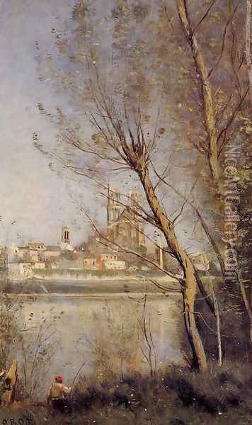 Mantes, View of the Cathedral and Town through the Trees, c.1865-70 Oil Painting - Jean-Baptiste-Camille Corot