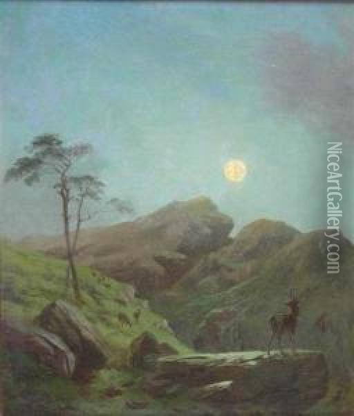 Deer By Moonlight Oil Painting - Robert Henry Roe