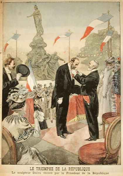 Jules Dalou 1838-1902 being awarded with the medal of the Legion of Honour by Emile Loubet 1838-1929 from Le Petit Journal, 4th December 1899 Oil Painting - Oswaldo Tofani