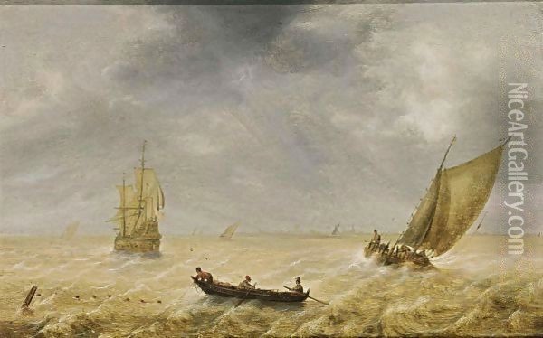 Fishermen In A Rowing Boat And Sailing Vessels In A Choppy Sea, A City In The Distance Oil Painting - Hendrik van Anthonissen
