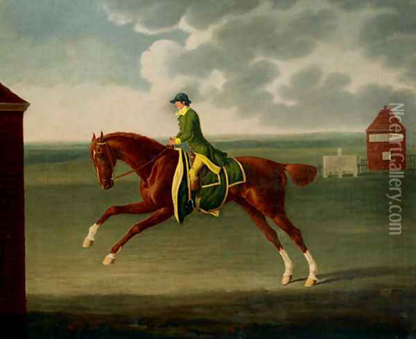 A Chestnut Racehorse with Jockey Up on Newmarket Heath Oil Painting - Benjamin Killingbeck