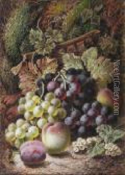 Black And Green Grapes, Peaches, White Currants And A Plum Against A Mossy Bank Oil Painting - Oliver Clare
