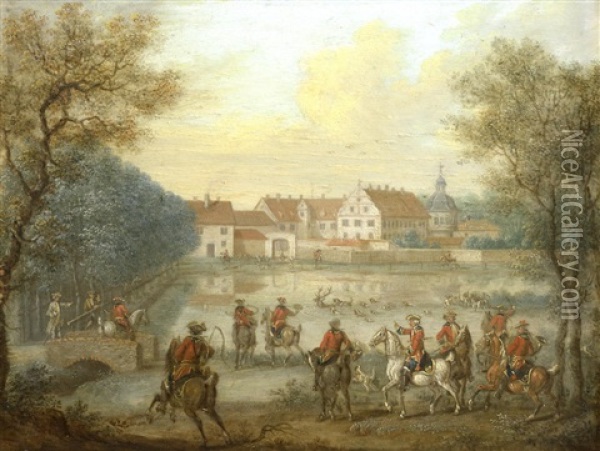 A Stag Hunt Before The Jagdschloss At Kranichstein; And A Stag Hunt By The Jagdpavillon Dianaburg (2) Oil Painting - Georg Adam Eger