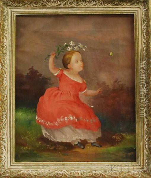 Portrait Of A Little Girl With Lilies And Butterfly Oil Painting - Alessandro E. Mario