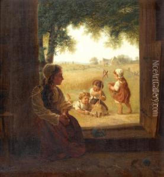 Bauernmadchen Mit Spielenden Kindern Oil Painting - Waldemar Philippi
