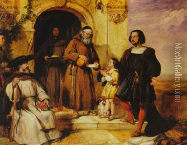 Columbus Bittet An Der Tur Von Santa Maria De Rabida Um Wasser Fur Seinen Sohn Oil Painting - William Simson