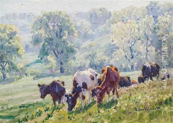 Cows On A Slope Oil Painting - Edward Charles Volkert