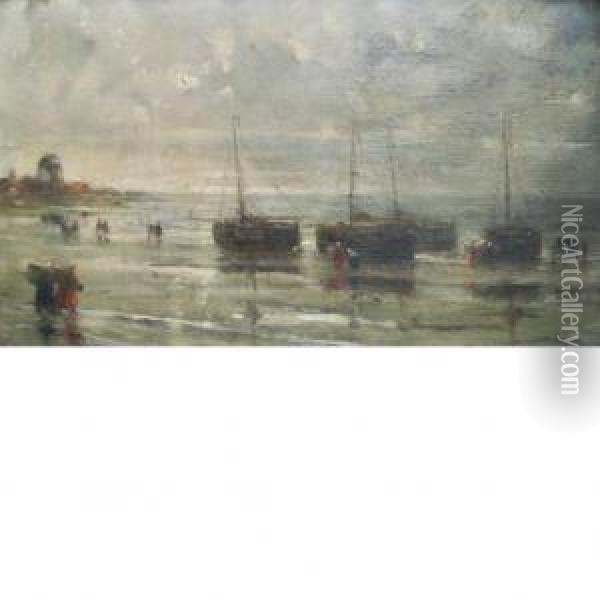 Fishing Boats On The Shore Oil Painting - Edward Antoon Portielje