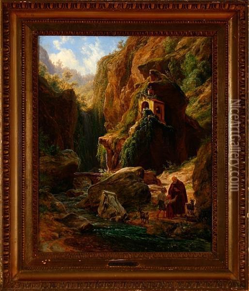 A Southern European Mountain Scenery Oil Painting - Frederik Ludwig Storch