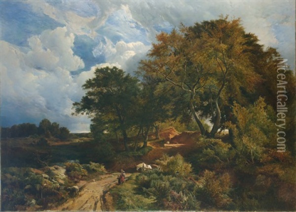 Barnes Common With Figures And A Horse And Cart On A Bridge Oil Painting - Sidney Richard Percy