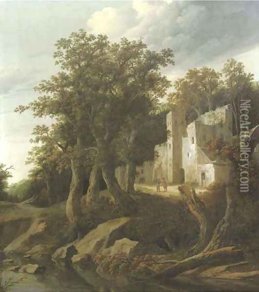 A wooded river landscape with figures conversing outside a ruinous building Oil Painting - Cornelius Decker