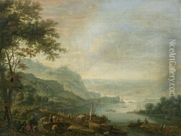 An Extensive River Landscape With Figures By The Shore Oil Painting - Louis Chalon