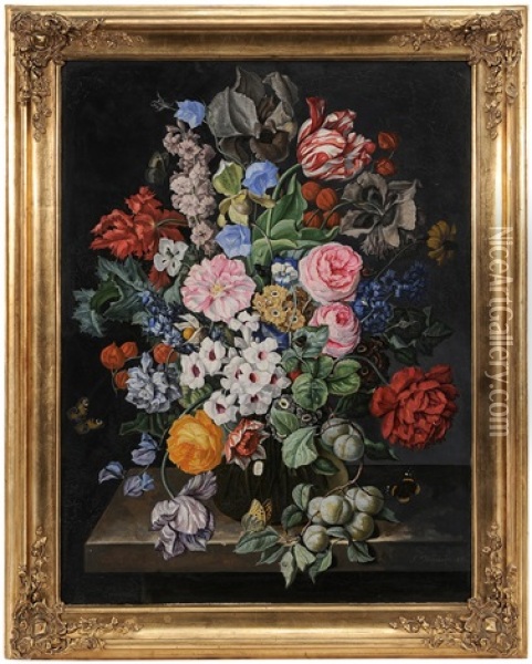 Still Life With Flowers And Fruit In A Glass Vase Oil Painting - Sebastian Wegmayr