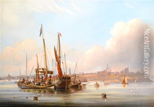 Moored Fishing Vessels And Figures In Blyth Harbour Oil Painting - John Scott