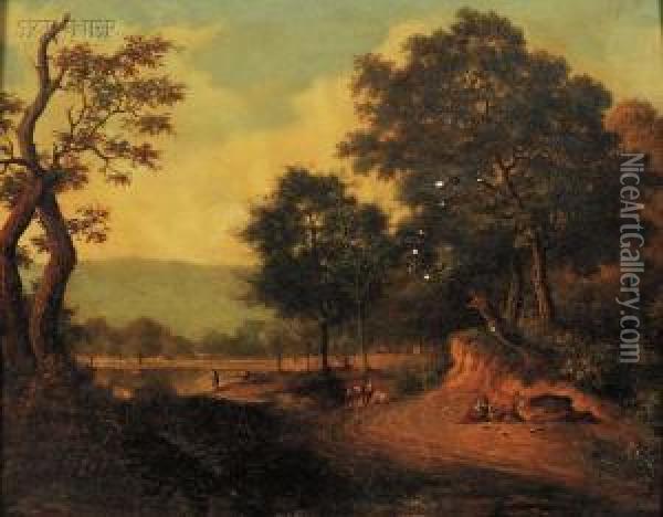 Figures On A Road By The River Oil Painting - John Berney Crome
