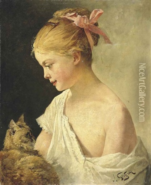 Une Jeune Fille Avec Un Chat Oil Painting - Henry Jules Jean Geoffroy