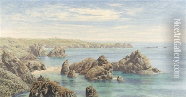 A Rocky Coastline Oil Painting - John Brett