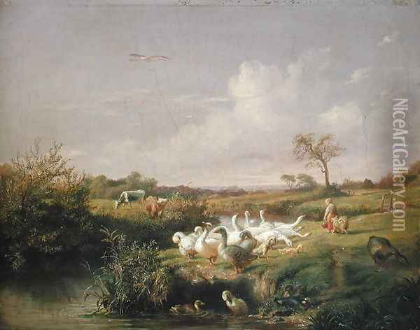 Geese Grazing, 1854 Oil Painting - Otto Speckter