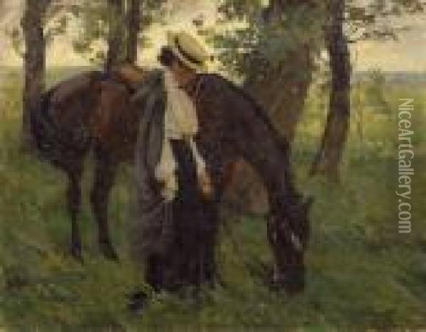 Reiterin Mit Grasendem Pferd Unter Baumen Oil Painting - Hans von Hayek