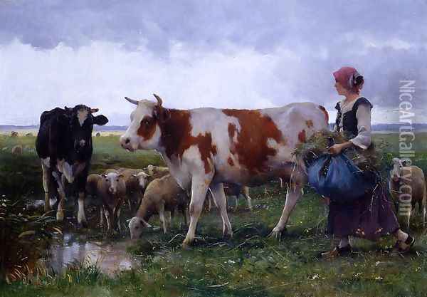 Peasant Woman With Cows & Sheep Oil Painting - Julien Dupre