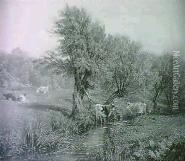 Cattle Watering In A River Meadow Oil Painting - Thomas Baker