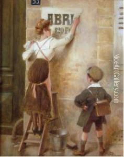 L'ecolier Et La Jeune Femme Decollant Une Affiche A La Fin De La
 Guerre. Oil Painting - Albert Guillaume
