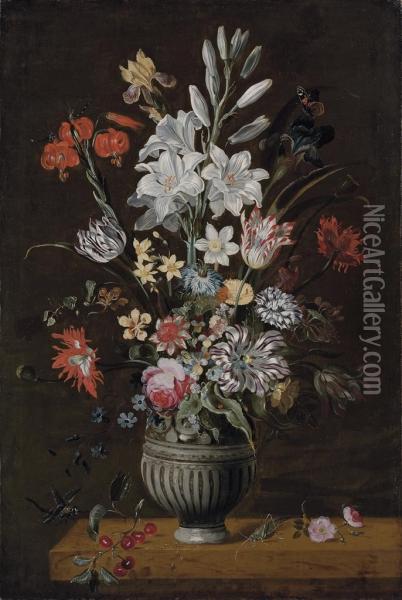 Lilies, Irises, Tulips, Narcissi And Other Flowers In An Urn With Agrasshopper And A Dragonfly On A Stone Ledge Oil Painting - Jakob Marellus