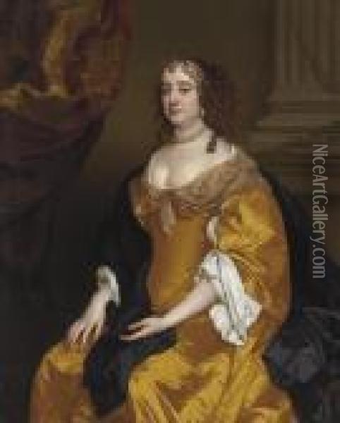 Portrait Of Anne, Countess Of 
Suffolk, Seated Three-quarter-length,in A Yellow Gown And Black Robe Oil Painting - Sir Peter Lely