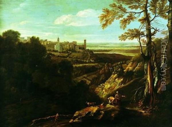 Village Fortifie Dans Un Paysage Panoramique Oil Painting - Gaspard Dughet