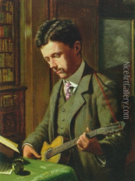 Portraet Af Min Plejeson Marius Andreasen Siddende Med En Guitar Oil Painting - Adolf Alfred Larsen