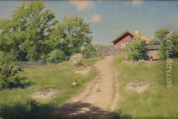 Sommarlandskap Med Pickande Hons Oil Painting - Johan Krouthen