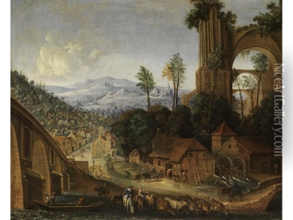 Stadtlandschaft Mit Blick Ins Tal Und Einer Grosen Kirchenruine Oil Painting - Jan Griffier the Elder